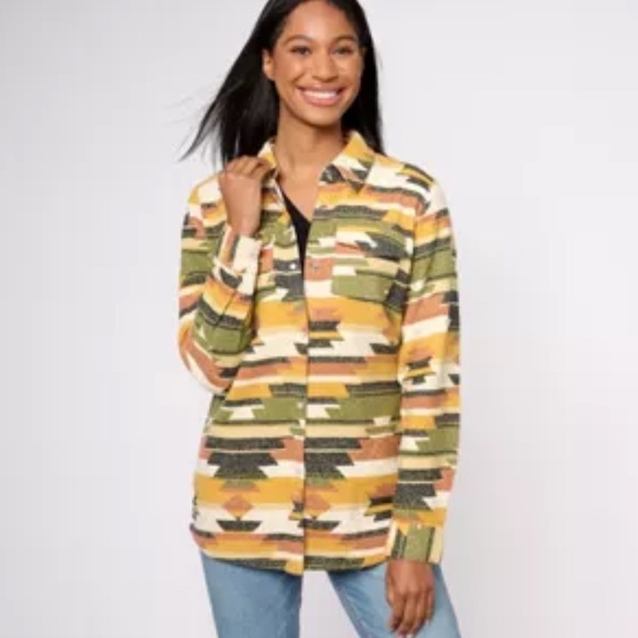 Denim & Co Canyon Retreat Cozy Aztec Collared Pearl Snap Shacket Southwestern XL - Picture 1 of 5